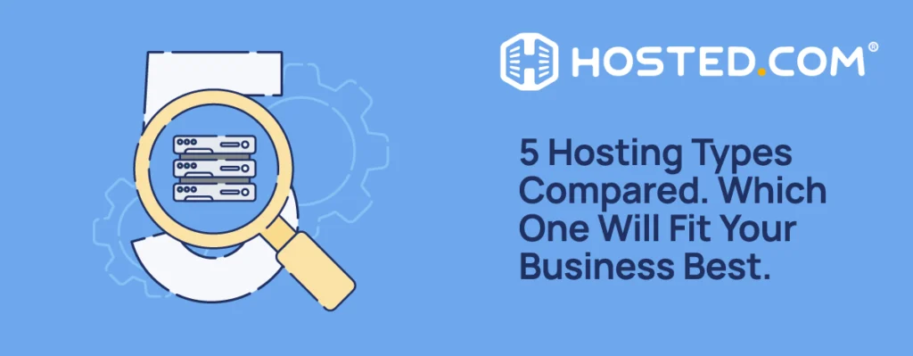 Hosted.com® Blog - 5 Hosting Types Compared. Which One Will Fit Your Business Best. Header Text - 5 Best Web Hosting for Buisness - Compared. Which One Will Fit Your Business Best.