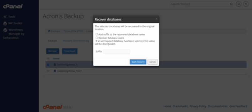 How To Restore or Download Data Using cPanel’s Acronis Backup Module- Recover Databases Acronis Backup Module - Recover Databases