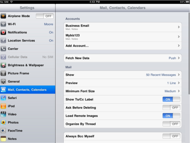 How To Configure iPad Email Settings - Mail Settings Screen Configure iPad Email Settings - Mail Settings Screen