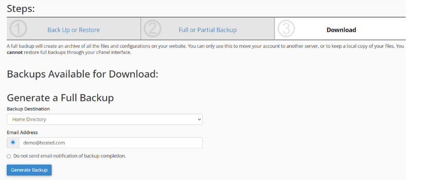cPanel Interface - Generate Backup