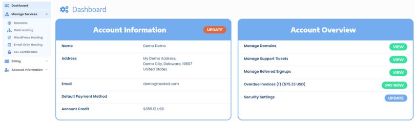 Hosted.com Dashboard - Manage Services