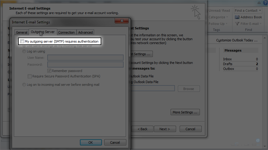 Outlook 2010 - Outgoing Server Authentication