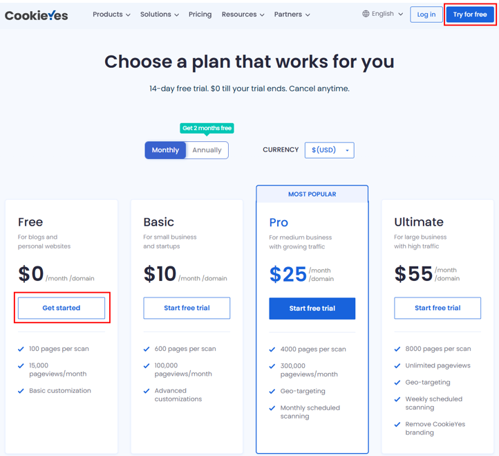 Add A GDPR Cookie Popup In WordPress - Choose CookieYes Free Pla