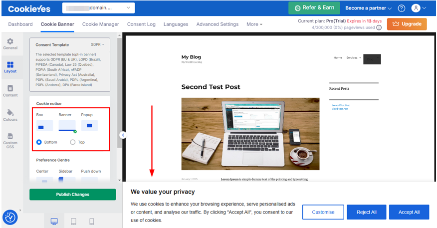 Add A GDPR Cookie Popup In WordPress - Banner Layout