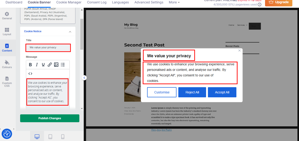 Add A GDPR Cookie Popup In WordPress - Cookie Popup Title and Message