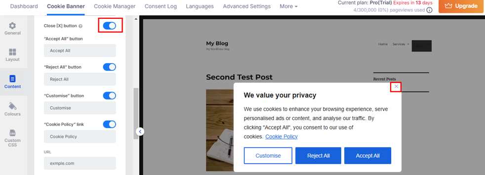 Add A GDPR Cookie Popup In WordPress - Enable or Disable Close Button