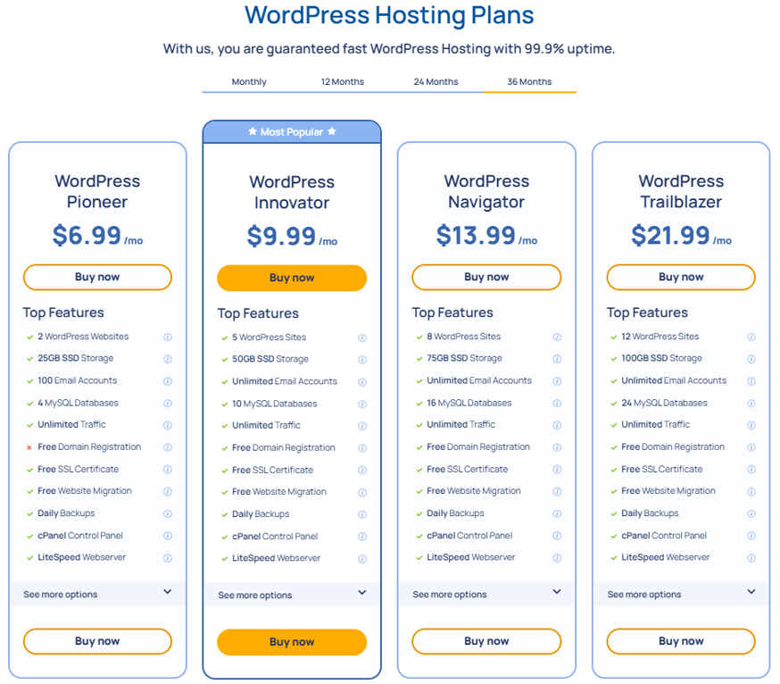 Migrate Your Website From Joomla To WordPress - Different WordPress Hosting Plans with Corresponding Features