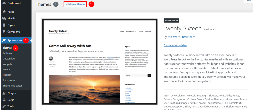 Migrate Your Website From Joomla To WordPress - Add New Theme in WordPress