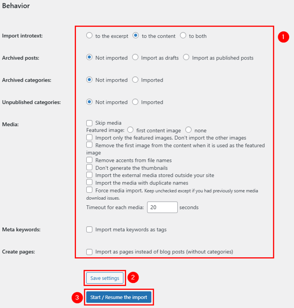 Migrate Your Website From Joomla To WordPress - Choose Joomla to WordPress Import Settings
