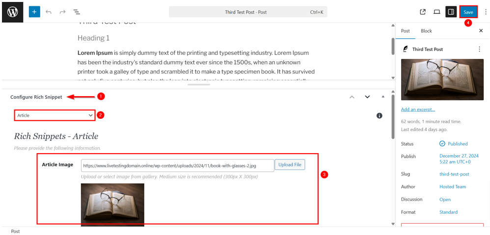 How To Add Schema Markup In WordPress - Fill In Schema Fields and Save Post