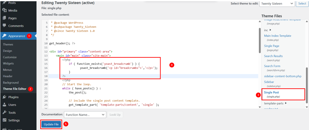 WordPress Breadcrumbs: How To Add & Display Them On Your Site - Edit single.php File WordPress Breadcrumbs - Edit single.php File