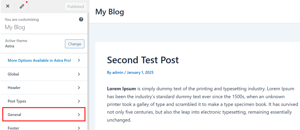 WordPress Breadcrumbs: How To Add & Display Them On Your Site - Open General Settings in Astra Theme Customizer WordPress Breadcrumbs - Open General Settings in Astra Theme Customizer