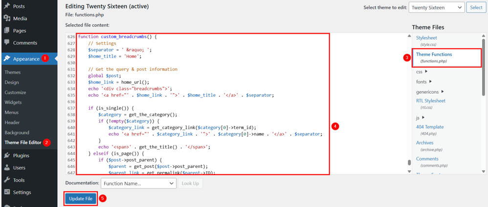 WordPress Breadcrumbs: How To Add & Display Them On Your Site - Edit functions.php File to Write Breadcrumb Function WordPress Breadcrumbs - Edit functions.php File to Write Breadcrumb Function