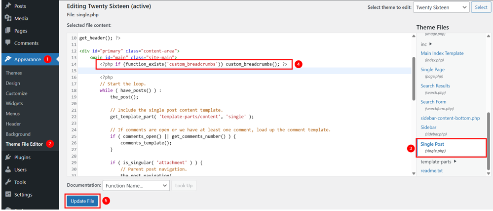 WordPress Breadcrumbs: How To Add & Display Them On Your Site - Edit single.php File to Insert Breadcrumb Function WordPress Breadcrumbs - Edit single.php File to Insert Breadcrumb Function