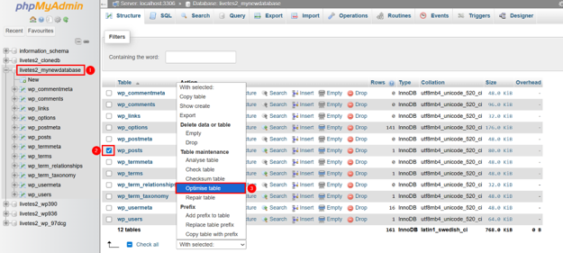 The Basics Of MySQL And WordPress Database Management - Optimize Table from phpMyAdmin