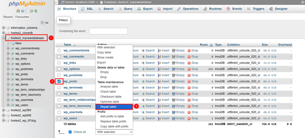 The Basics Of MySQL And WordPress Database Management - Repair Table Using phpMyAdmin