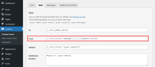 WordPress Email And Hosting Integration And Options - Check From Field in Contact From 7
