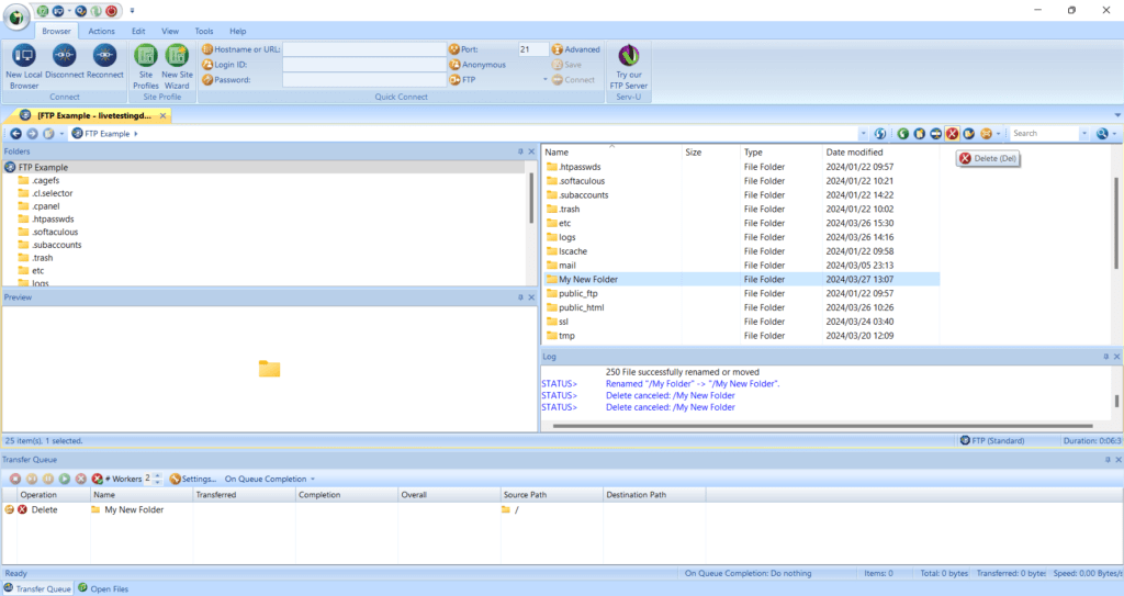Hosted.com® Knowledgebase - Step 5 - How to Manage Files in FTP Voyager Step 5 - Manage Files in FTP Voyager - Delete a Folder